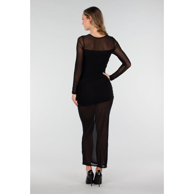 Schwarzes Mesh-Kleid mit langen Ärmeln und Stretch
