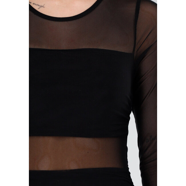 Schwarzes Mesh-Kleid mit langen Ärmeln und Stretch