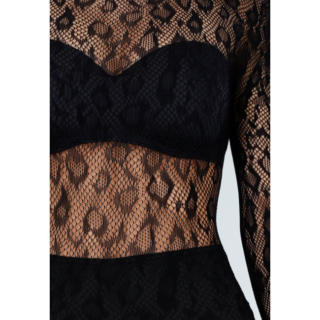 Schwarzer Mesh-Bodystocking mit Stretch und offenem Rücken