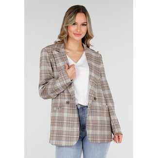 Beige karierter Blazer mit Schulterpolstern