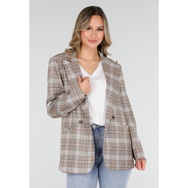 Beige karierter Blazer mit Schulterpolstern