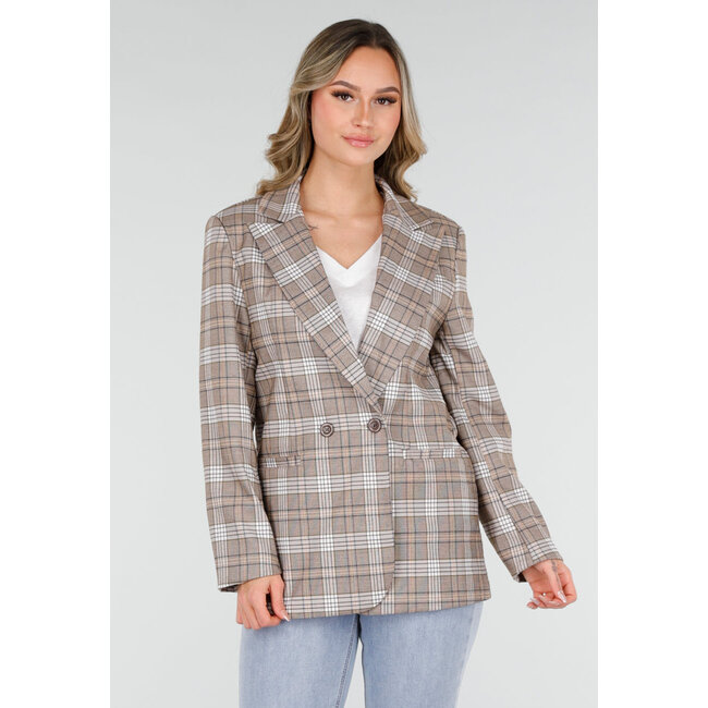 Beige karierter Blazer mit Schulterpolstern