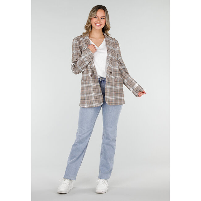 Beige karierter Blazer mit Schulterpolstern