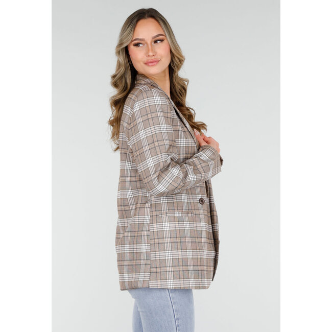 Beige karierter Blazer mit Schulterpolstern