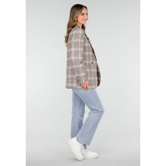 Beige karierter Blazer mit Schulterpolstern