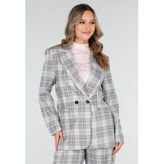 Grauer karierter Blazer mit Schulterpolstern