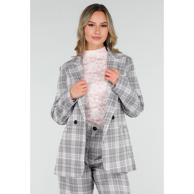 Grau-rosa karierter Blazer mit Schulterpolstern