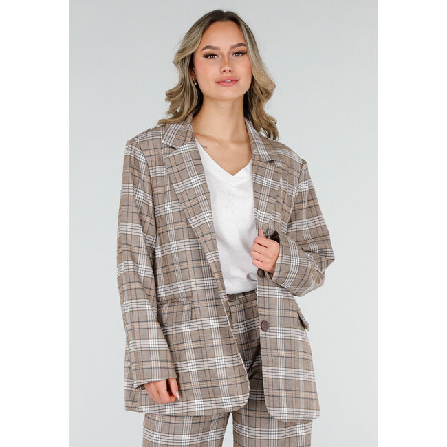 Beige karierter Blazer mit Schulterpolstern