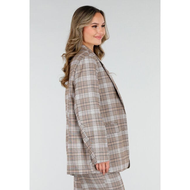 Beige karierter Blazer mit Schulterpolstern