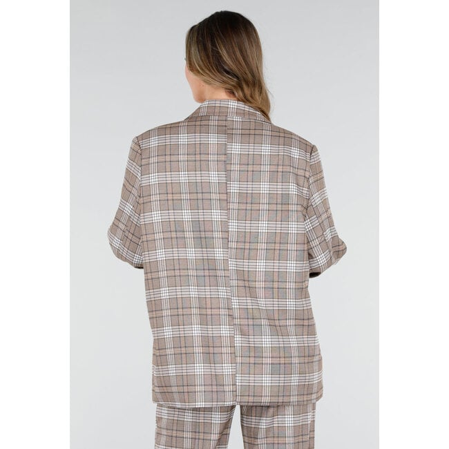 Beige karierter Blazer mit Schulterpolstern