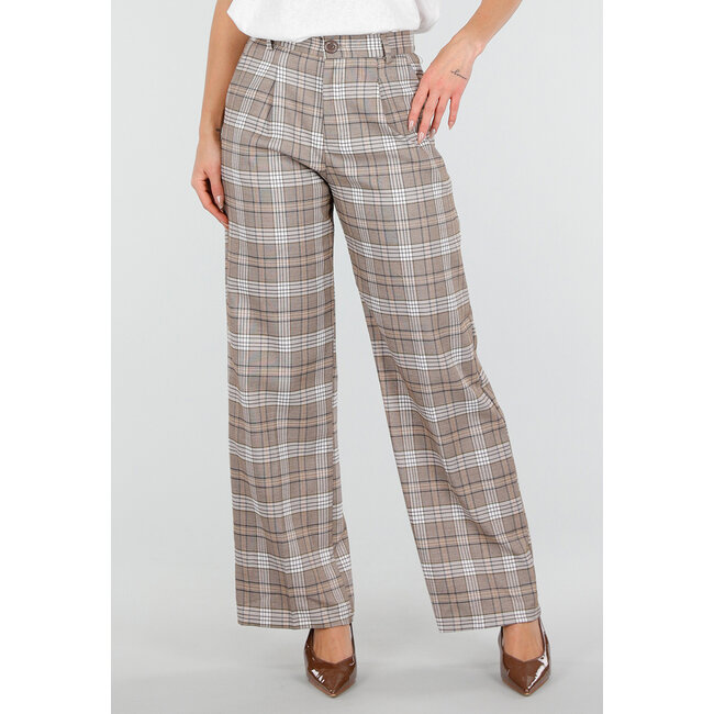 Beige karierte Hose mit geradem Bein