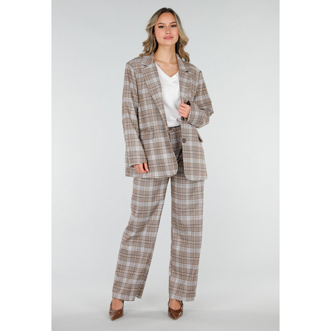 Beige karierte Hose mit geradem Bein