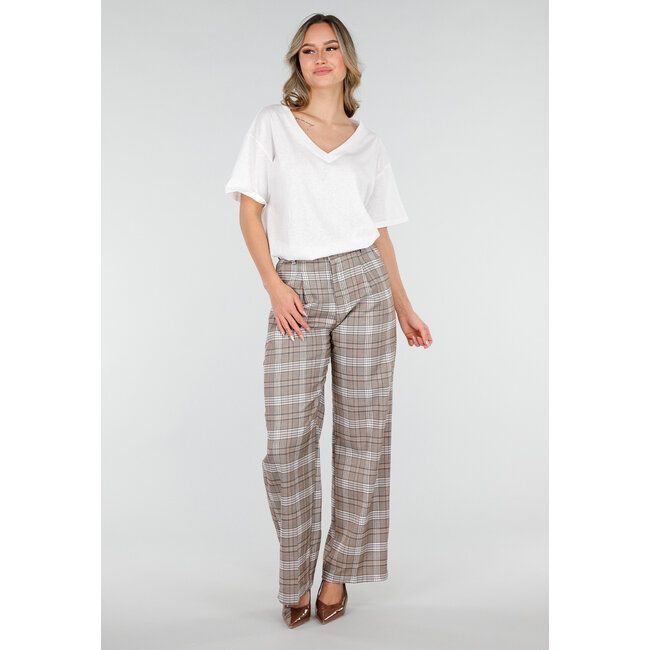 Beige karierte Hose mit geradem Bein