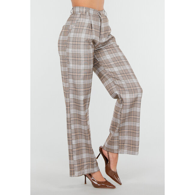 Beige karierte Hose mit geradem Bein