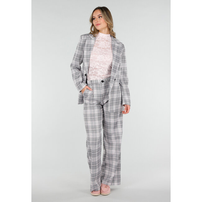 Grau-rosa karierte Hose mit geradem Bein