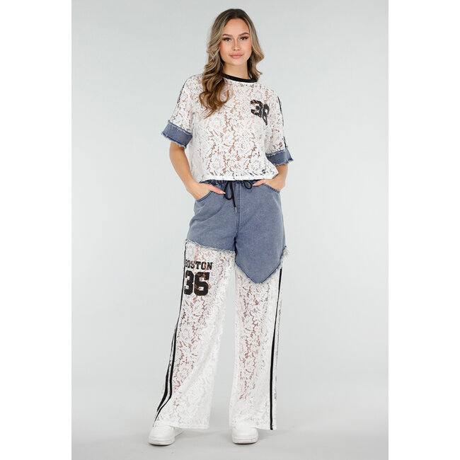 Weißes zweiteiliges Set mit Spitze und Denim