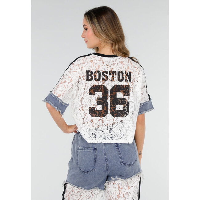 Weißes zweiteiliges Set mit Spitze und Denim