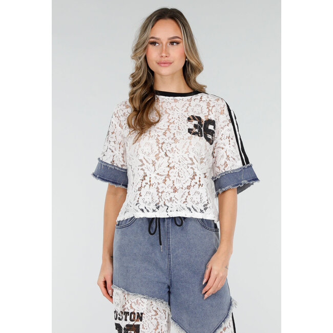 Weißes zweiteiliges Set mit Spitze und Denim