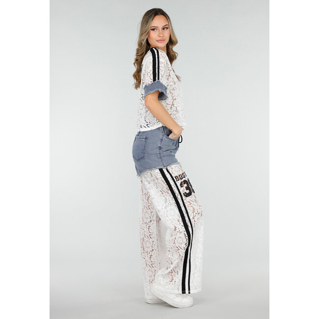 Weißes zweiteiliges Set mit Spitze und Denim