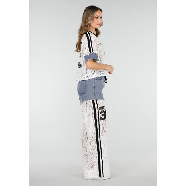 Weißes zweiteiliges Set mit Spitze und Denim