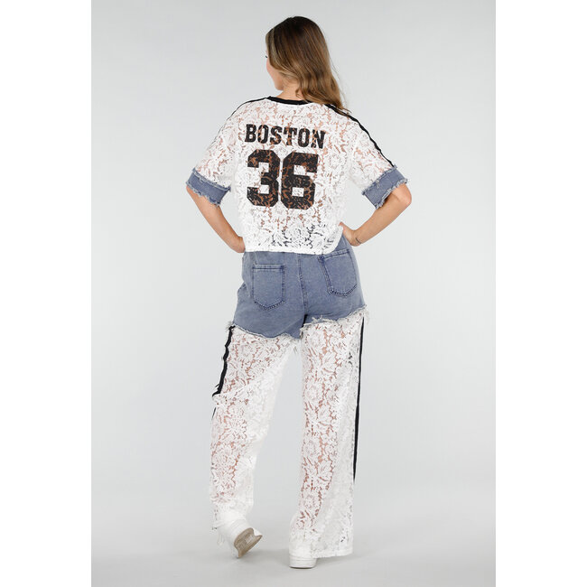 Weißes zweiteiliges Set mit Spitze und Denim