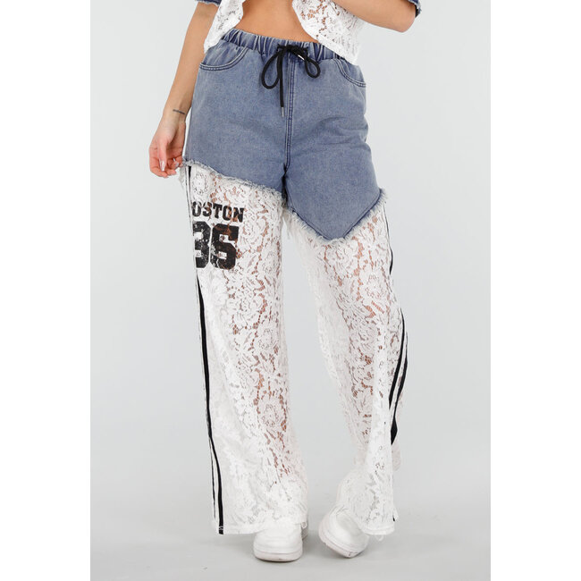 Weißes zweiteiliges Set mit Spitze und Denim