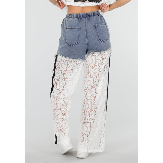 Weißes zweiteiliges Set mit Spitze und Denim