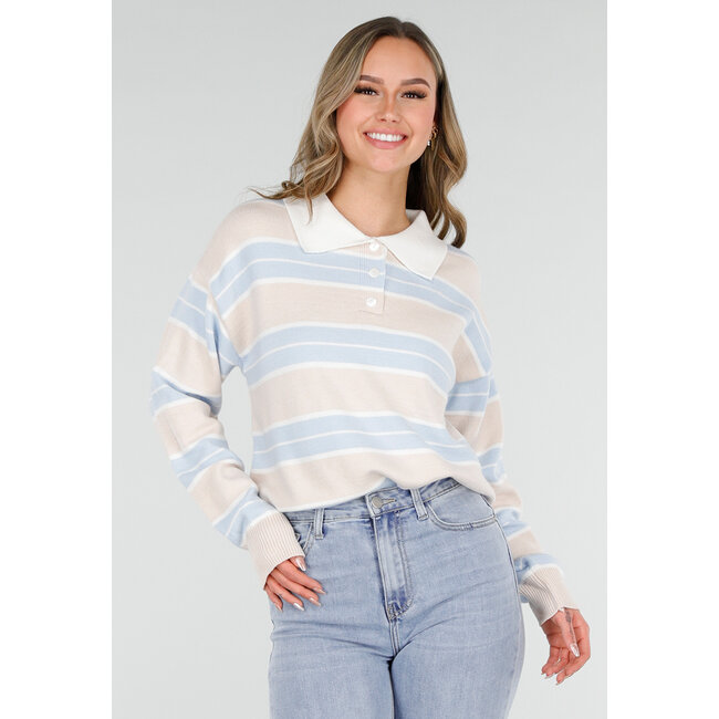 Beige mit blau gestreiftem Polo-Pullover