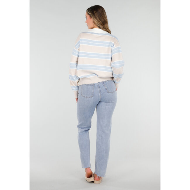 Beige mit blau gestreiftem Polo-Pullover