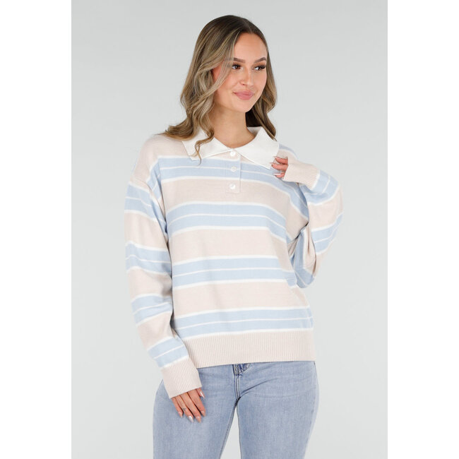 Beige mit blau gestreiftem Polo-Pullover