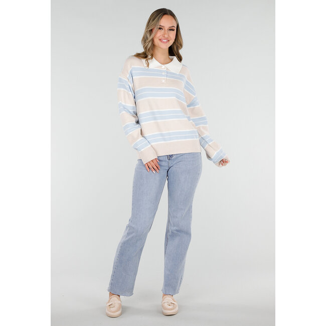 Beige mit blau gestreiftem Polo-Pullover
