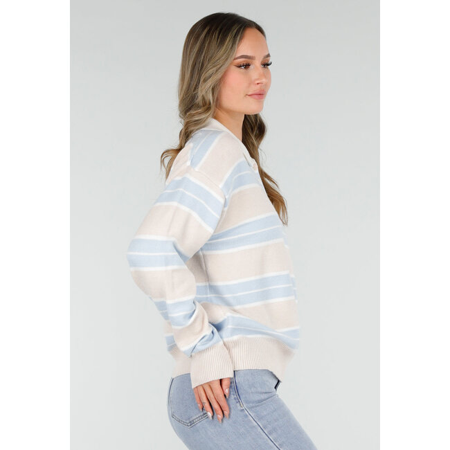 Beige mit blau gestreiftem Polo-Pullover