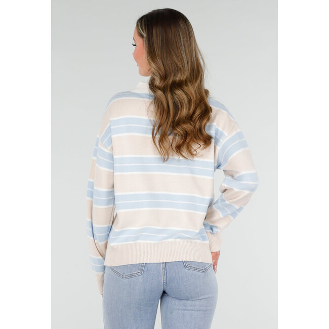 Beige mit blau gestreiftem Polo-Pullover