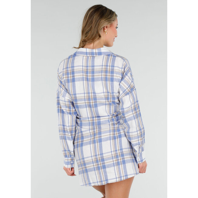 Blau kariertes Blusenkleid mit Schleifenärmeln