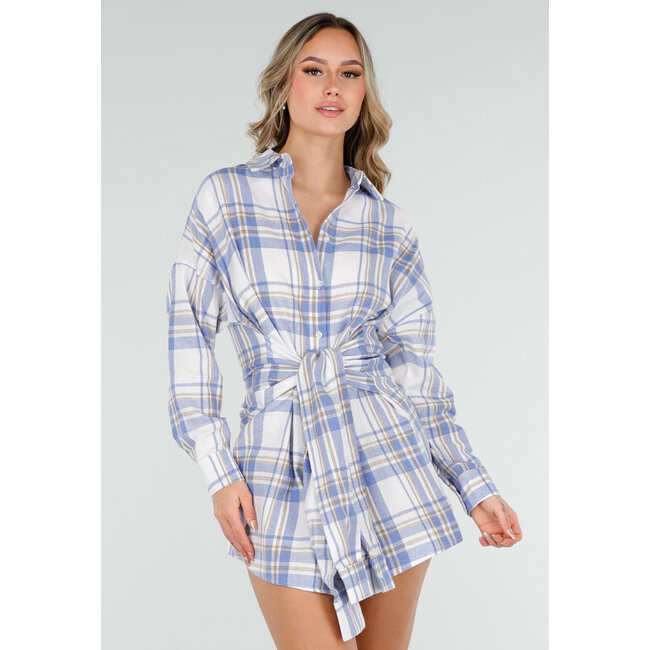 Blau kariertes Blusenkleid mit Schleifenärmeln