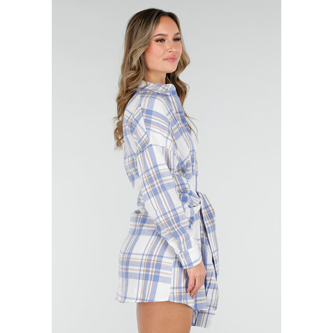 Blau kariertes Blusenkleid mit Schleifenärmeln