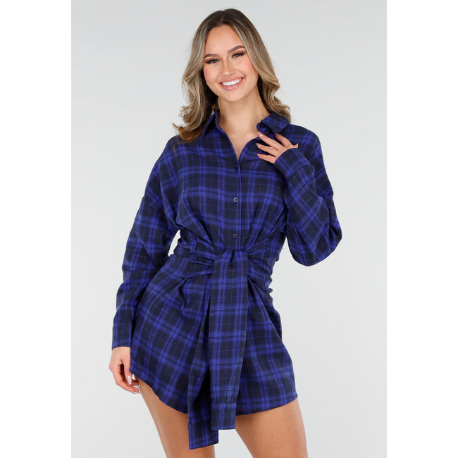 Dark Blue Checked Blouse Dress with Bow Sleeves