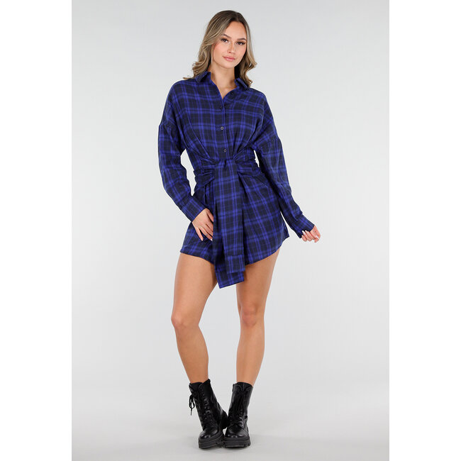 Dark Blue Checked Blouse Dress with Bow Sleeves