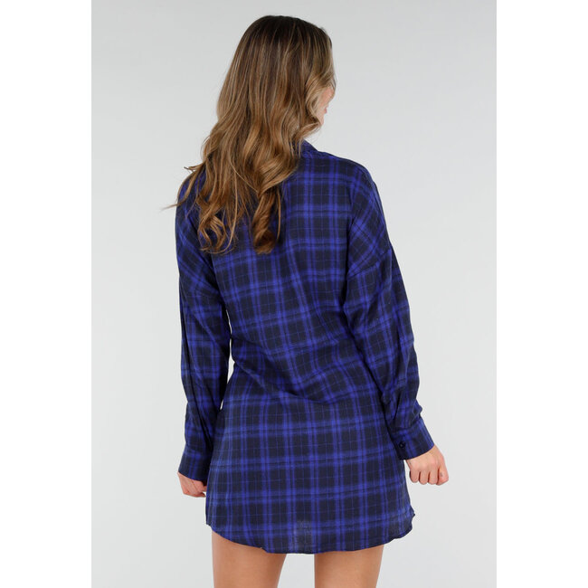 Dark Blue Checked Blouse Dress with Bow Sleeves