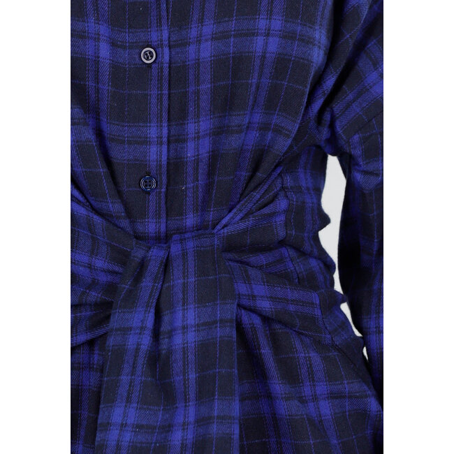 Dark Blue Checked Blouse Dress with Bow Sleeves