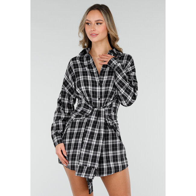 Schwarz-weiß kariertes Blusenkleid mit Schleifenärmeln