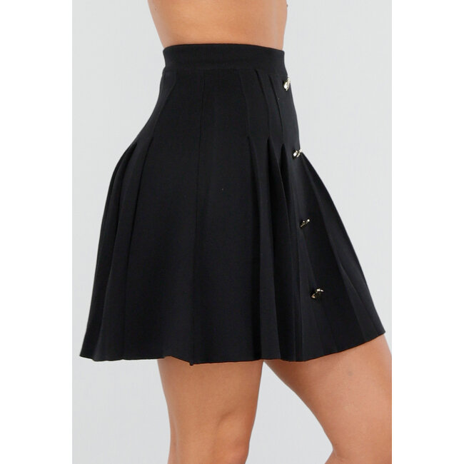 Schwarzer Faltenrock mit Zierknöpfen und Stretchanteil
