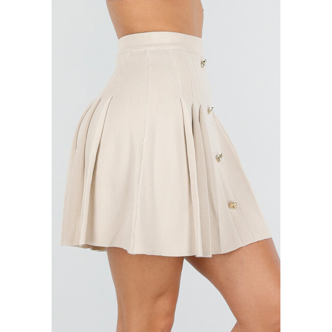 Beige Plisseerock mit Zierknöpfen und Stretch