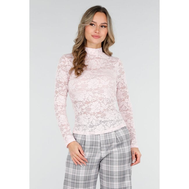 Pinkfarbenes Spitzenoberteil mit langen Ärmeln und Stretchanteil