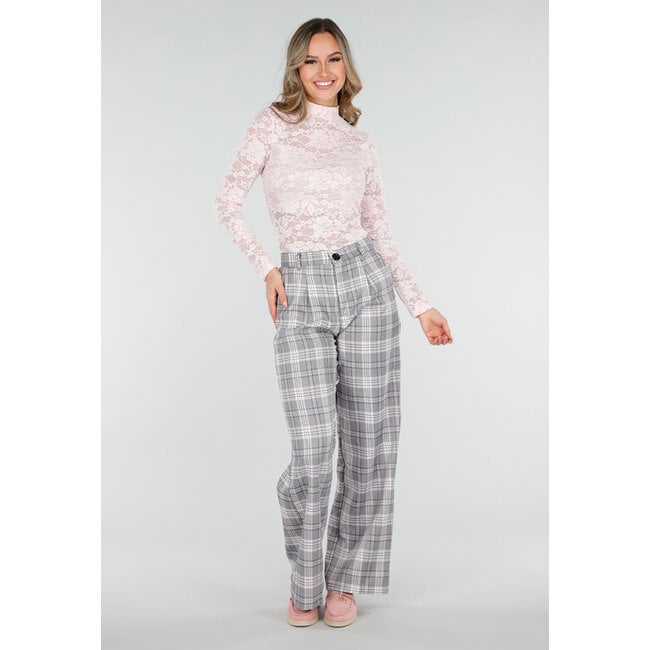 Pinkfarbenes Spitzenoberteil mit langen Ärmeln und Stretchanteil