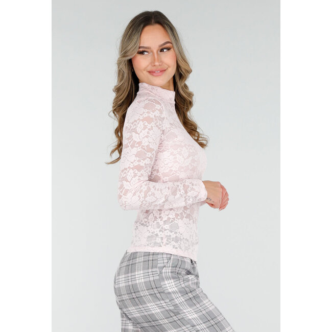 Pinkfarbenes Spitzenoberteil mit langen Ärmeln und Stretchanteil