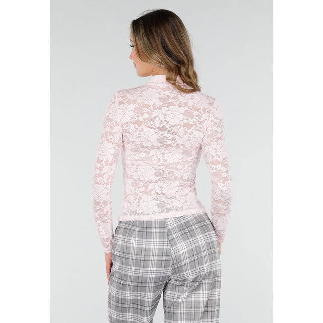 Pinkfarbenes Spitzenoberteil mit langen Ärmeln und Stretchanteil