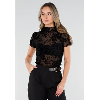 Schwarzes Mesh-Oberteil mit Blumenmuster