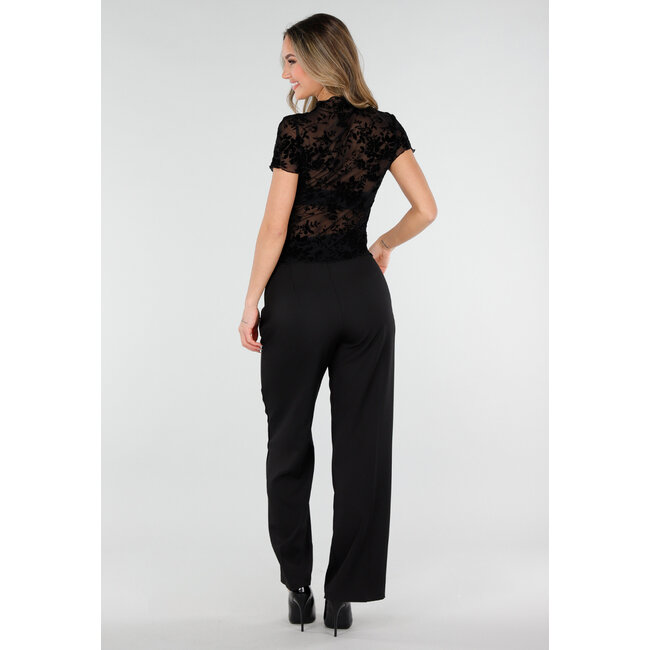 Schwarzes Mesh-Oberteil mit Blumenmuster und Stretch