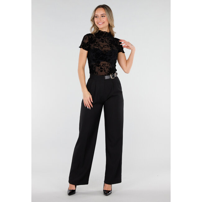 Schwarzes Mesh-Oberteil mit Blumenmuster und Stretch